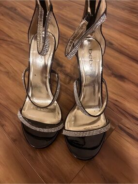 bebe Black Patent Strappy Heels with Rhinestone Accents